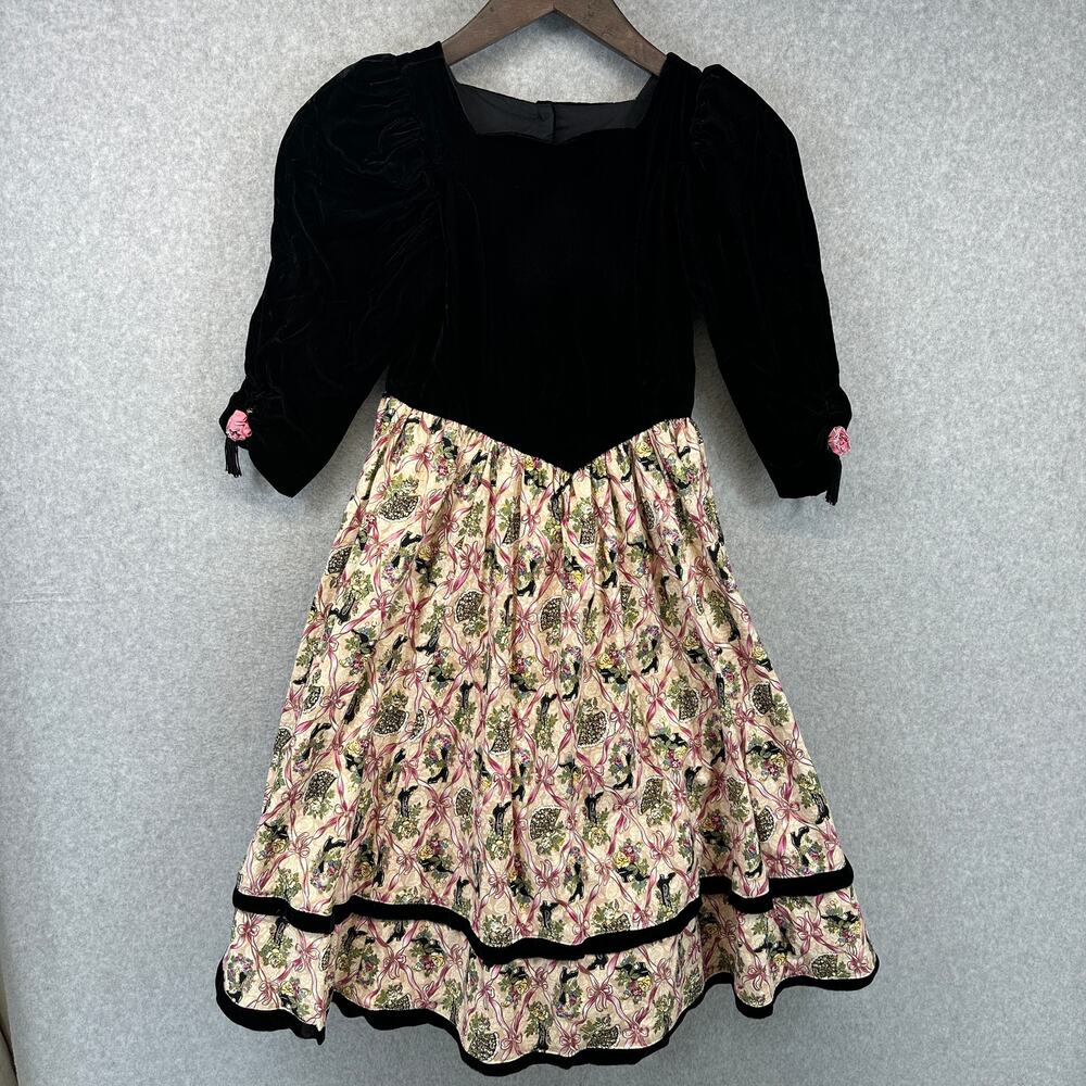 Petals San Francisco Dress Girls Size 10 Multi Velvet Floral Puff Sleeve A-Line